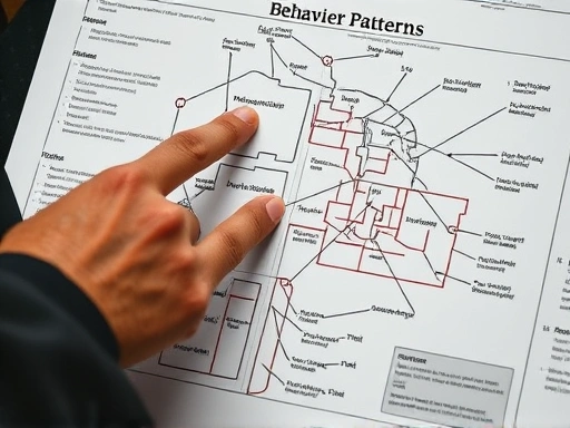 A close-up of a detective's hands pointing at specific behavioral patterns on a crime scene diagram, highlighting the subtle psychological aspects of an offender's signature.