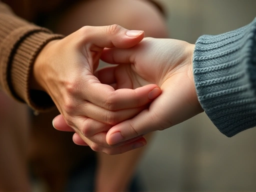 Close-up shot of hands reaching out to comfort another person's hand, representing emotional support and connection in a compassionate and gentle manner, focusing on resilience and overcoming social stigma faced by crime victims.