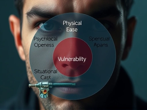 A close-up, abstract representation of 'vulnerability' as perceived by a criminal, showing overlapping concepts of physical ease, psychological openness, and situational opportunity, with analytical graphics.