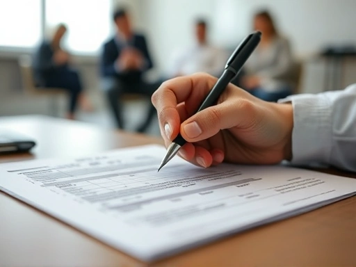 Close-up of a hand meticulously taking notes on a psychological assessment form, with blurred background of a behavioral observation room. Focus on the detail of written analysis and data collection. Emphasize the systematic approach to understanding criminal psychological changes.