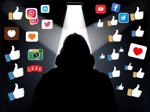 A thought-provoking image showing a shadowy figure with a spotlight, surrounded by various media icons and social media likes, symbolizing the glorification of criminals and its impact on society, with keywords: criminal, spotlight, media, social issues, public perception.