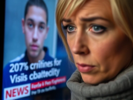 Close-up on a blurred media screen displaying sensational headlines about a criminal, with a subtle overlay of a worried or distressed face, emphasizing the negative societal impact and victim's perspective, incorporating keywords: media sensationalism, victim impact, social problems, news coverage.