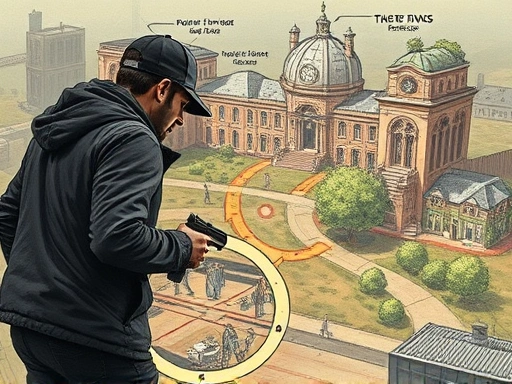 A detailed illustration of a criminal's escape patterns, showing various routes, hideouts, and different methods of evasion. The scene includes elements of urban and rural landscapes with abstract representations of strategic planning, highlighting the complexity of their movements. Focus on the analytical aspect with subtle hints of psychological tension. Use the SEO keywords: criminal, escape, patterns, evasion, routes, hideouts, strategic. 