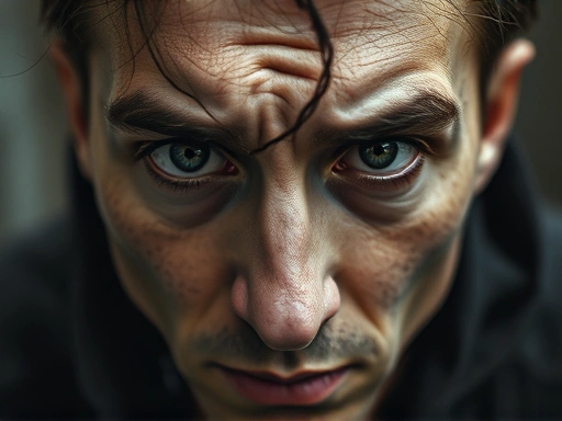 Close-up view of a criminal's psychological state during escape, depicted through abstract visual elements like swirling thoughts, a mix of fear and determination in their eyes, and a background that blurs between past actions and an uncertain future. Emphasize emotional complexity and internal conflict. Use the SEO keywords: criminal, psychology, fear, determination, internal conflict, escape, psychological state.