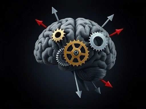 A symbolic image representing a complex human brain with intertwined gears and arrows, indicating risk assessment and biased thinking in a criminal context, subtle, conceptual, psychology, dark background.
