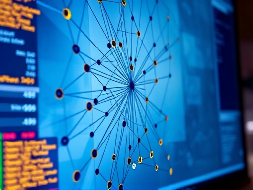 A close-up shot of a monitor displaying a complex network graph with interconnected nodes and lines, representing social network analysis for criminal investigation, with specific data points highlighted.