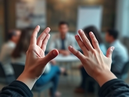 A close-up of hands reaching out for help, with a blurred background showing support groups or counseling sessions. Emphasize hope and recovery through community and professional aid for cybercrime victims.