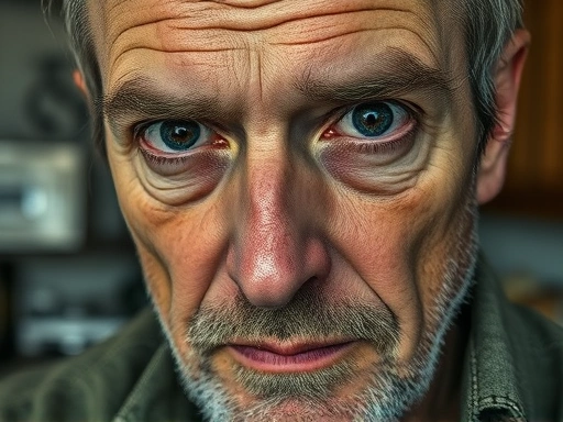 Close-up of a weathered but ordinary-looking man's face, with a subtle, unsettling glint in his eyes, juxtaposed with elements suggesting domesticity and normalcy, to capture the chilling contrast of the Dennis Rader case, emphasizing the hidden depths behind a mundane facade.