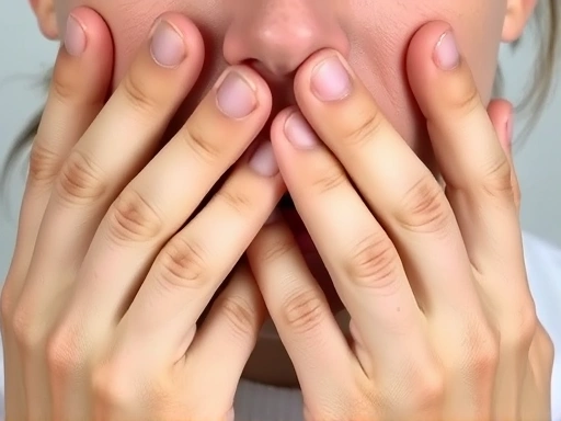 A close-up shot of hands fidgeting and touching the face, specifically around the mouth and nose area, illustrating common self-touching gestures associated with nervousness or dishonesty, with a focus on detailed hand movements and facial expressions. Fidgeting, self-touching, nervousness, dishonesty, close-up.