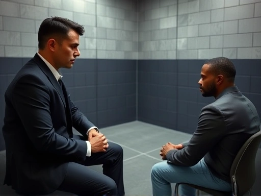A professional detective is calmly interrogating a suspect in a modern, well-lit interrogation room, focusing on psychological techniques.