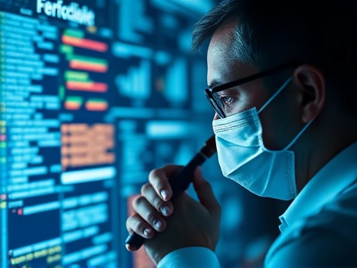 Digital forensics expert examining digital data, with abstract elements representing human psychology and behavior patterns in a secure, professional setting, focus on data analysis.