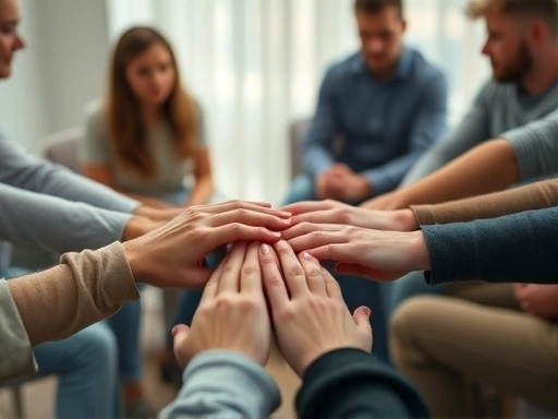 Close-up shot of hands in a circle, symbolizing unity and trust in a correctional group therapy setting, with a subtle background of participants listening attentively, emphasizing the importance of support and shared understanding in rehabilitation.