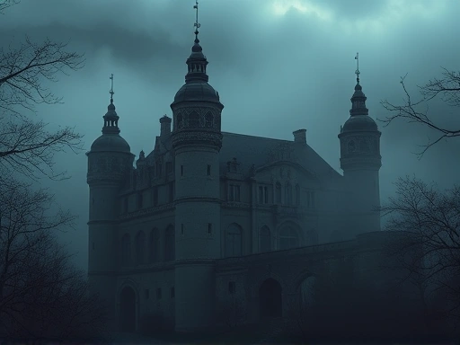 A dramatic, atmospheric depiction of Csejte Castle in a gloomy, misty setting, reflecting the dark history of Elizabeth Báthory's alleged noble serial murders.