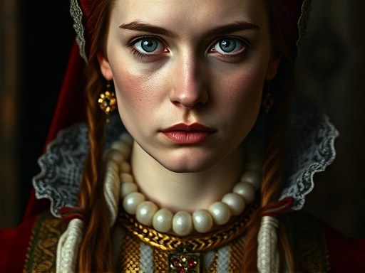 A close-up, historical portrait of Elizabeth Báthory, showcasing her noble attire and a somber, enigmatic expression, highlighting the aristocratic context of her crimes.