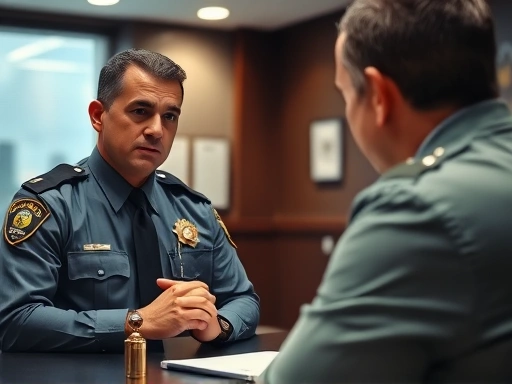 A close-up, focused shot of a police officer conducting a cognitive interview with an eyewitness in a police station, emphasizing careful listening and open communication, legal setting, professionalism.