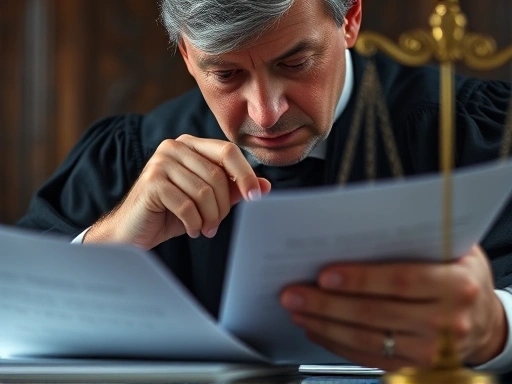 A close-up shot of a thoughtful judge reviewing complex documents, with legal scales faintly in the background, conveying a sense of detailed evaluation and justice. Keywords: judge, legal evaluation, justice, documents.