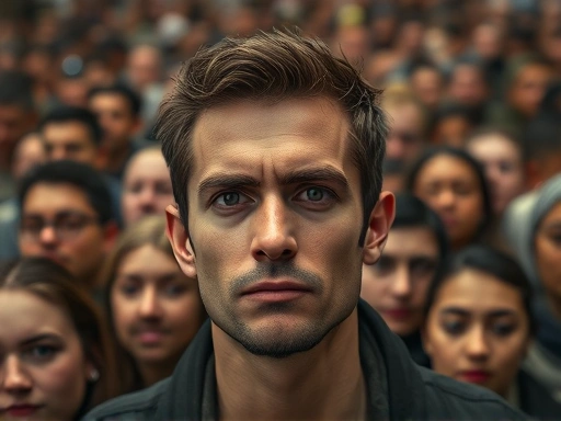 A close-up shot of a single person's face in a large crowd, showing a blurred background of many others, highlighting the concept of deindividuation and the loss of individual identity within a collective, with a determined or emotional expression.