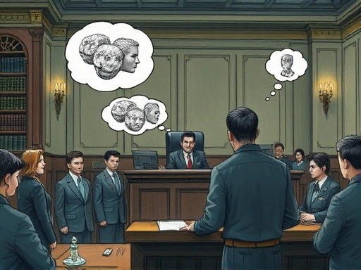 A detailed illustration of a courtroom scene with a witness on the stand, subtle distortions in their memory appearing as fragmented or blurred thoughts, emphasizing the fragility of human memory in legal contexts. Use cool, muted tones and a realistic style.