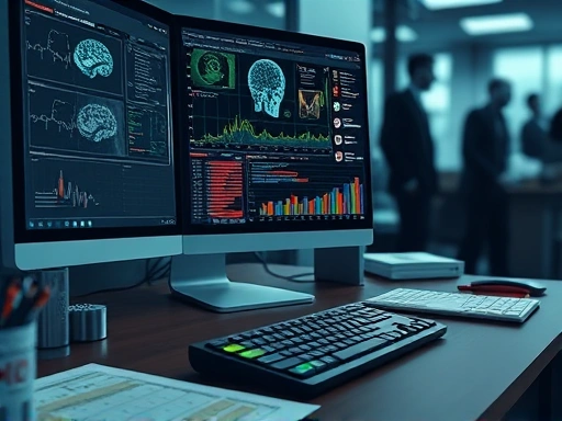 A detailed close-up illustration of a behavioral analyst's desk, featuring a computer displaying crime scene data, various psychological profiles, and blurred figures in the background, emphasizing deep analysis and modern techniques.