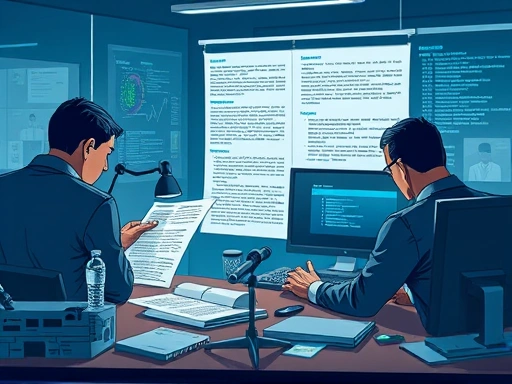 A detailed illustration of forensic linguists analyzing text documents, highlighting various language patterns and subtle clues, set in a modern police investigation room with computers and evidence. Focus on professional analysis and data processing.