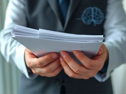 Close-up of a forensic psychiatrist's hands holding legal and medical reports, with abstract representations of brain waves or thought patterns subtly integrated into the background, emphasizing deep analysis and complex decision-making.