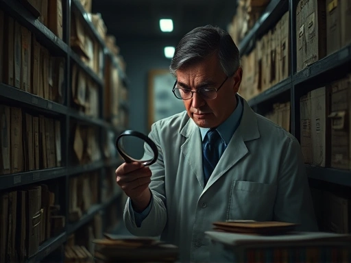 A forensic psychologist examining evidence in a dim, archives-filled room, surrounded by old case files, magnifying glass in hand, highlighting the detailed analytical nature of cold case reinvestigation.