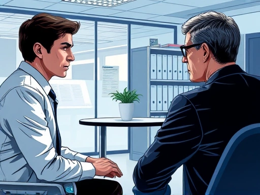 A detailed illustration of a forensic psychologist conducting an interview with a subject, set in a sterile, professional office. Emphasize analytical observation, subtle body language, and a focused atmosphere. Include elements of psychological assessment. Criminal apprehension psychology is key.