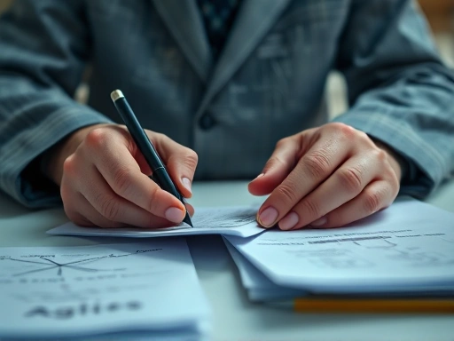 Close-up of a forensic psychologist's hands meticulously organizing documents and notes, with a blurred background of a complex mind map connecting various psychological and behavioral clues related to a cold case.