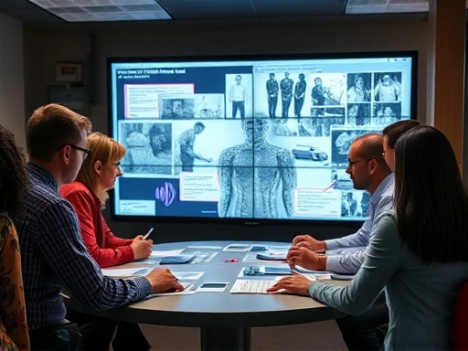 A diverse group of forensic psychologists and criminologists collaboratively analyzing crime scene evidence on a large screen, focusing on offender signature behavior patterns.