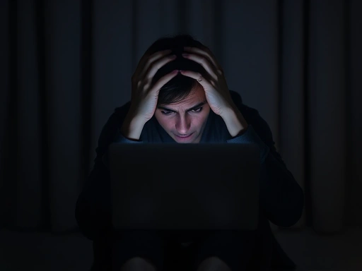 A person sitting alone in a dimly lit room, head in hands, expressing deep shame and distress after experiencing financial fraud, with a laptop screen displaying a blurry scam email.