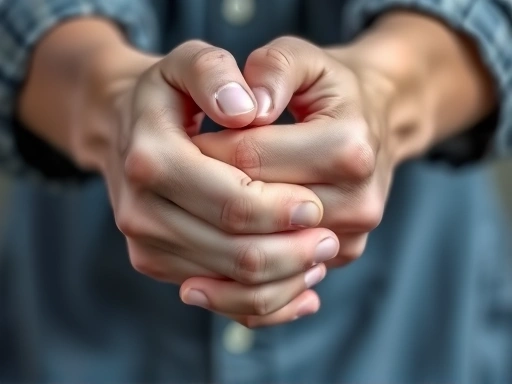 Close-up on a person's hands tightly clasped, showing anxiety and a sense of betrayal after losing trust due to a scam, with blurred background.