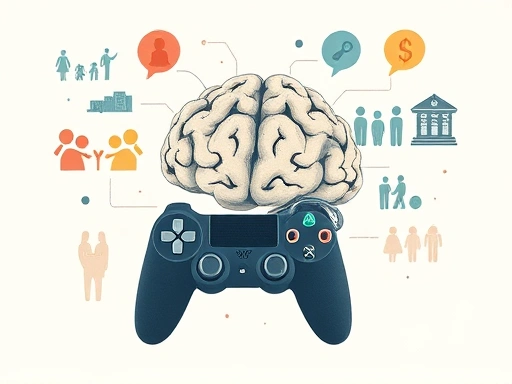 A nuanced illustration of the complex relationship between a gaming controller, a brain, and abstract representations of societal factors like family, education, and community, subtly suggesting multiple influences on behavior, rendered in a thoughtful, analytical style with keywords like 