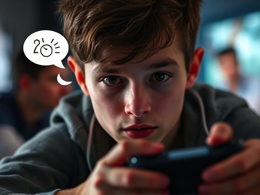 A close-up, focused image of a person (gender-neutral) engaged in a video game, with subtle abstract thought bubbles around their head showing elements of problem-solving, creativity, and social interaction, contrasting with a faint background of traditional negative stereotypes, conveying the complexity and diverse impacts of gaming. Keywords: 