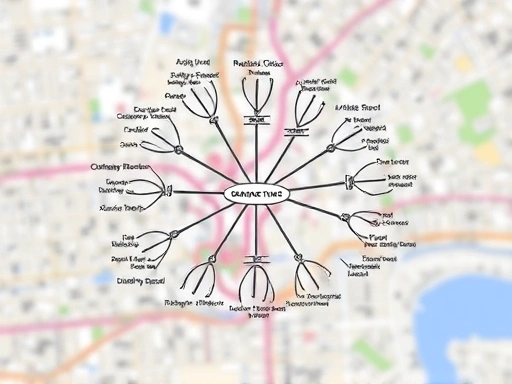 A detailed illustration of a mind map or cognitive map concept, depicting connections between various psychological theories like rational choice, activity space, and distance decay, overlaid on a blurred background of a city map, illustrating the psychological underpinnings of geographic profiling.