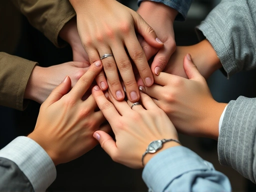 A close-up of several hands subtly influencing each other, symbolizing the psychological dynamics like conformity, diffusion of responsibility, and group polarization within a collaborative yet morally ambiguous context, with a slight tension.
