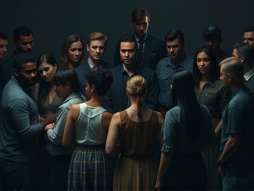 A diverse group of individuals subtly interacting, showing different postures and expressions suggesting various roles within a complex, dark, and ambiguous situation, with a focus on human interaction and subtle power dynamics.