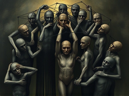 A complex network of human figures intertwining, symbolizing psychological mechanisms and group dynamics, with abstract elements representing diffusion of responsibility, conformity, and power struggles. Dark, serious tones, conceptual art style.