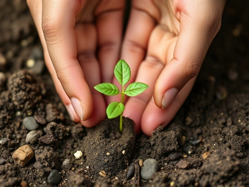A close-up shot of hands gently tending to a small, thriving plant seedling in fertile soil, illustrating the process of healing and growth in strengthening psychological resilience.