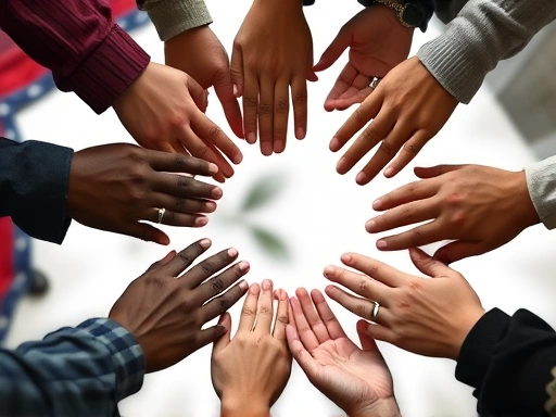 A close-up image showing diverse hands reaching out and connecting in a circle, symbolizing community, education, and empathy as key strategies for preventing hate crime and overcoming societal prejudices.