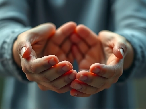 A close-up, compassionate image of hands reaching out to comfort, symbolizing support and understanding for child abuse survivors, with gentle, empathetic tones and subtle light, emphasizing connection and empathy.