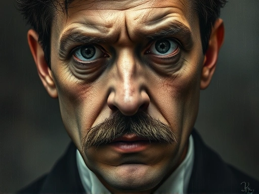 A chilling, detailed portrait of H.H. Holmes, showing his deceptive and calculating expression, with subtle hints of darkness. Focus on his face and a hint of the Victorian era, embodying the premeditated nature of his mass murders.