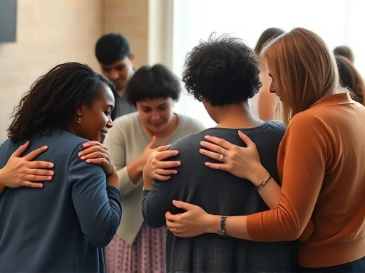 A deeply empathetic and supportive image showing a diverse group of people comforting each other in a softly lit, peaceful support group setting, emphasizing hope and shared understanding. Focus on their compassionate expressions and supportive body language.