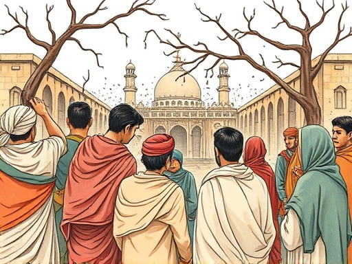 A detailed illustration showing the complex interplay of cultural norms, family pressure, and individual struggles within a collectivist society, symbolizing the background of honor killings. Focus on diverse group dynamics.