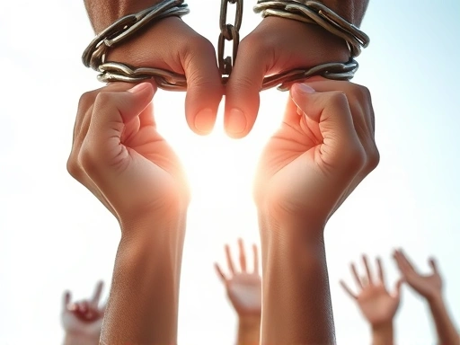 Close-up on a symbolic image of hands breaking free from chains, representing international efforts and individual empowerment against human rights abuses like honor killing. Include diverse hands reaching for light.