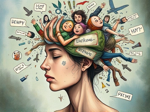 A detailed illustration of a person's fragmented mind symbolizing complex trauma, with various emotions and memories swirling, representing a human trafficking victim's inner world.