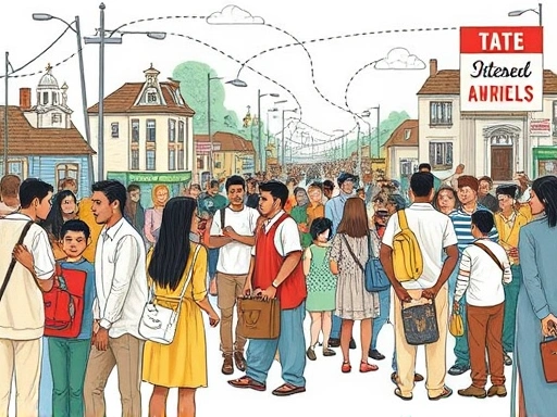 A detailed, conceptual illustration depicting the complex social dynamics of immigrants integrating into a new society, symbolizing challenges like cultural barriers, economic hardship, and community support, with diverse people. Focus on integration and challenges, avoiding negative stereotypes.
