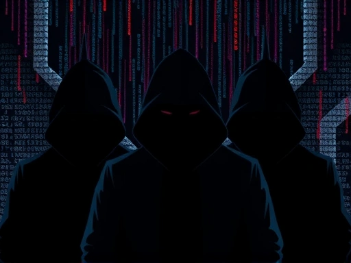 A stylized representation of the dark web, with shadowy figures and encrypted data streams, highlighting the anonymous nature that facilitates criminal activities like illegal marketplaces and illicit communication.