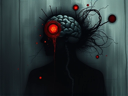 A dark, introspective illustration of the complex psychological factors contributing to extreme criminal behavior, focusing on internal conflict and isolation, with abstract elements representing trauma and obsession. Keywords: psychological analysis, criminal behavior, inner turmoil, isolation, trauma.