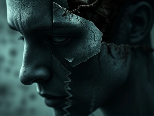A close-up, abstract representation of fragmented human psyche, with shadows and subtle, unsettling textures symbolizing deep-seated urges and psychological distortion, without depicting gore. Keywords: distorted psyche, human urges, psychological distortion, abstract mind, inner darkness.