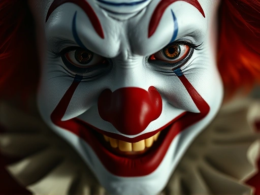 Close-up of a clown's happy face with a subtle, dark, and unsettling shadow or crack, symbolizing a hidden malevolent nature behind a cheerful facade, emphasizing John Wayne Gacy, deceptive, psychology.